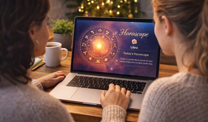 dos mujeres mirando el horóscopo en una computadora portátil