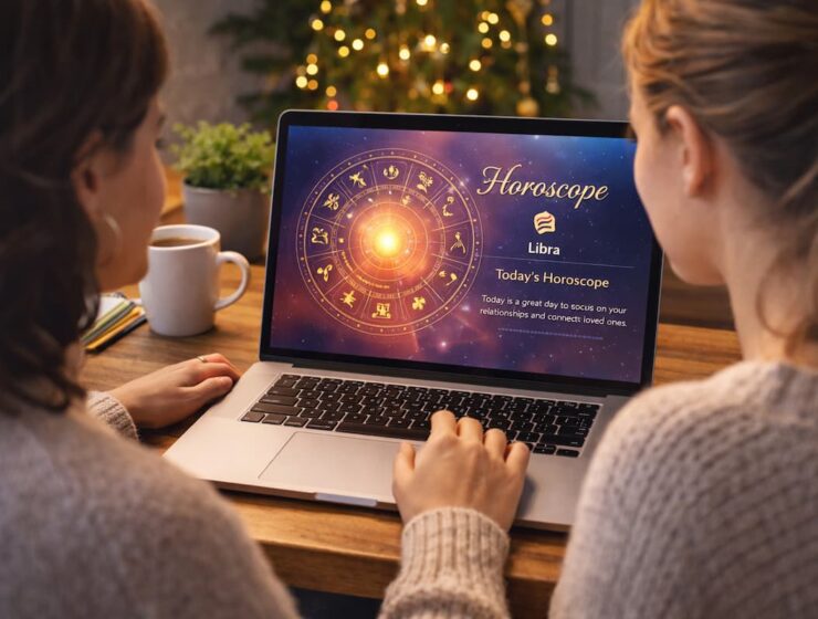 dos mujeres mirando el horóscopo en una computadora portátil