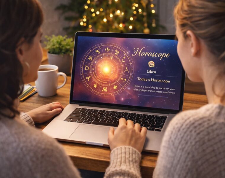 dos mujeres mirando el horóscopo en una computadora portátil