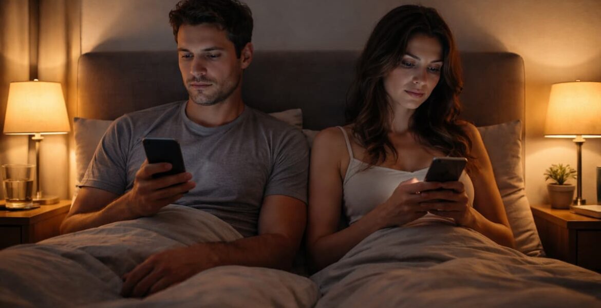 Pareja sentada en la cama mirando el celular