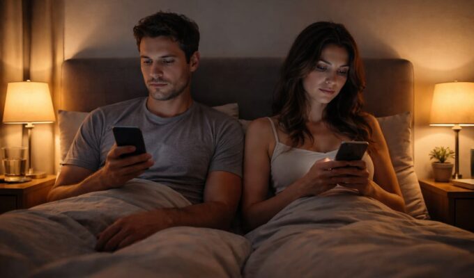 Pareja sentada en la cama mirando el celular