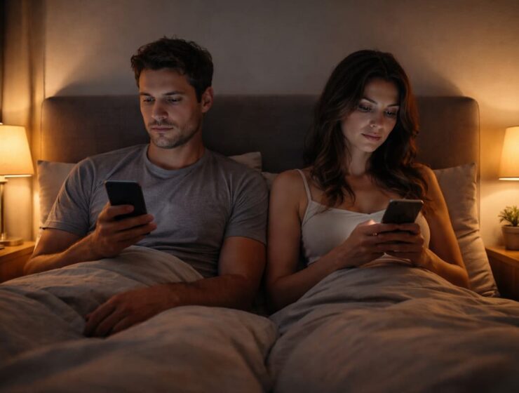 Pareja sentada en la cama mirando el celular