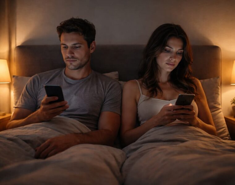 Pareja sentada en la cama mirando el celular