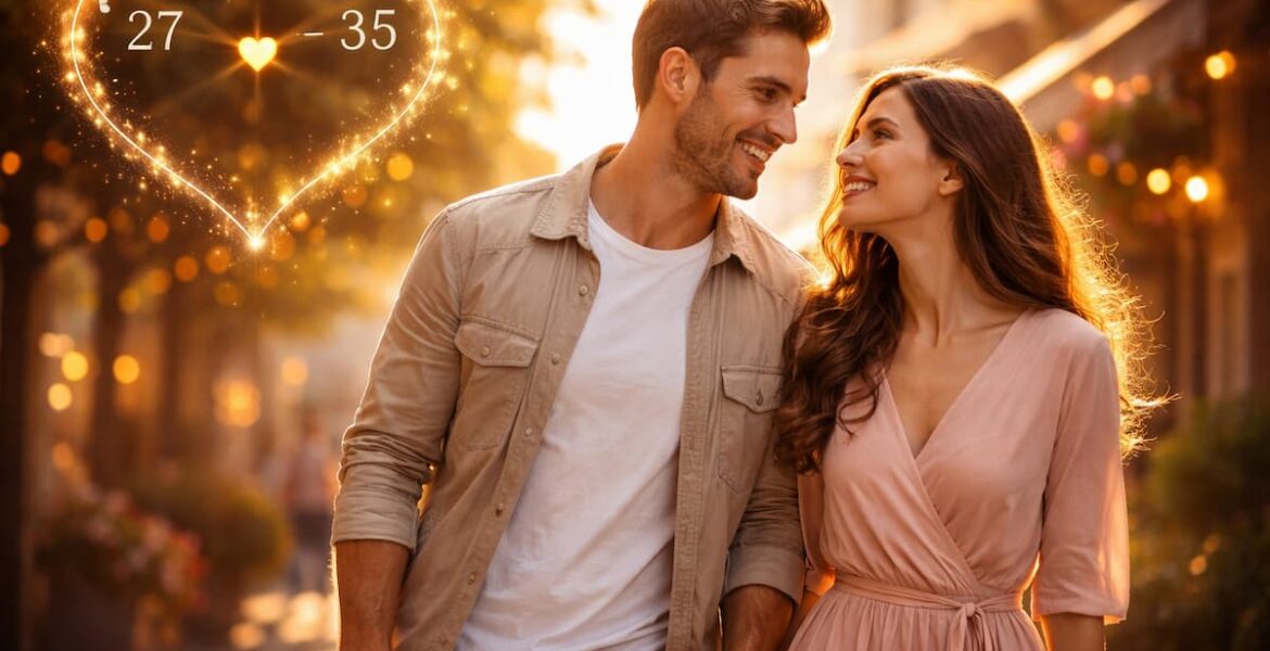 Pareja caminando de la mano con un corazón con su edad