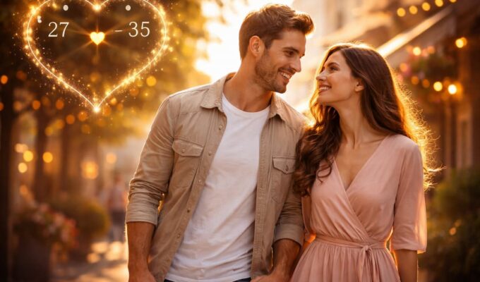 Pareja caminando de la mano con un corazón con su edad