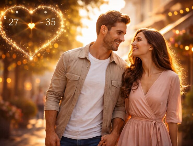 Pareja caminando de la mano con un corazón con su edad