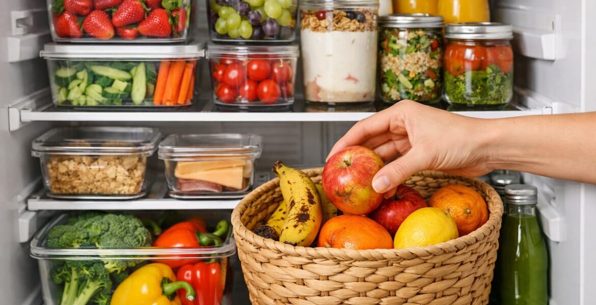 Refrigerador organizado con alimentos frescos y recipientes de vidrio para evitar el desperdicio de comida.