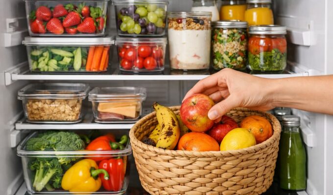 Refrigerador organizado con alimentos frescos y recipientes de vidrio para evitar el desperdicio de comida.