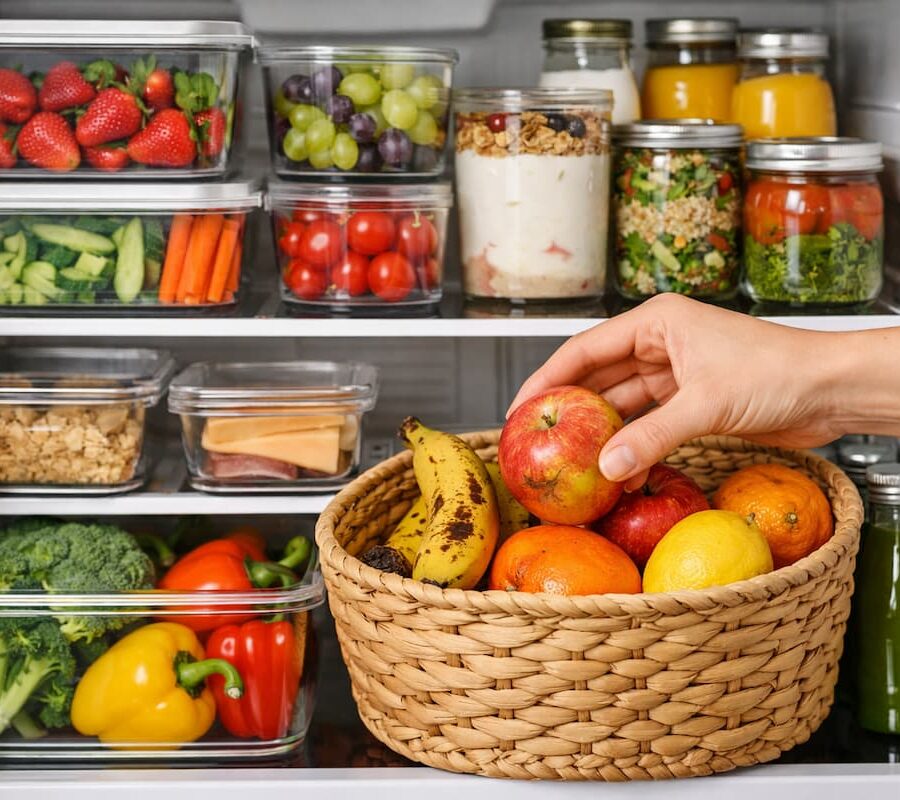 Refrigerador organizado con alimentos frescos y recipientes de vidrio para evitar el desperdicio de comida.