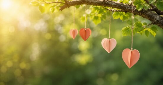 Corazones de papel colgando en un árbo