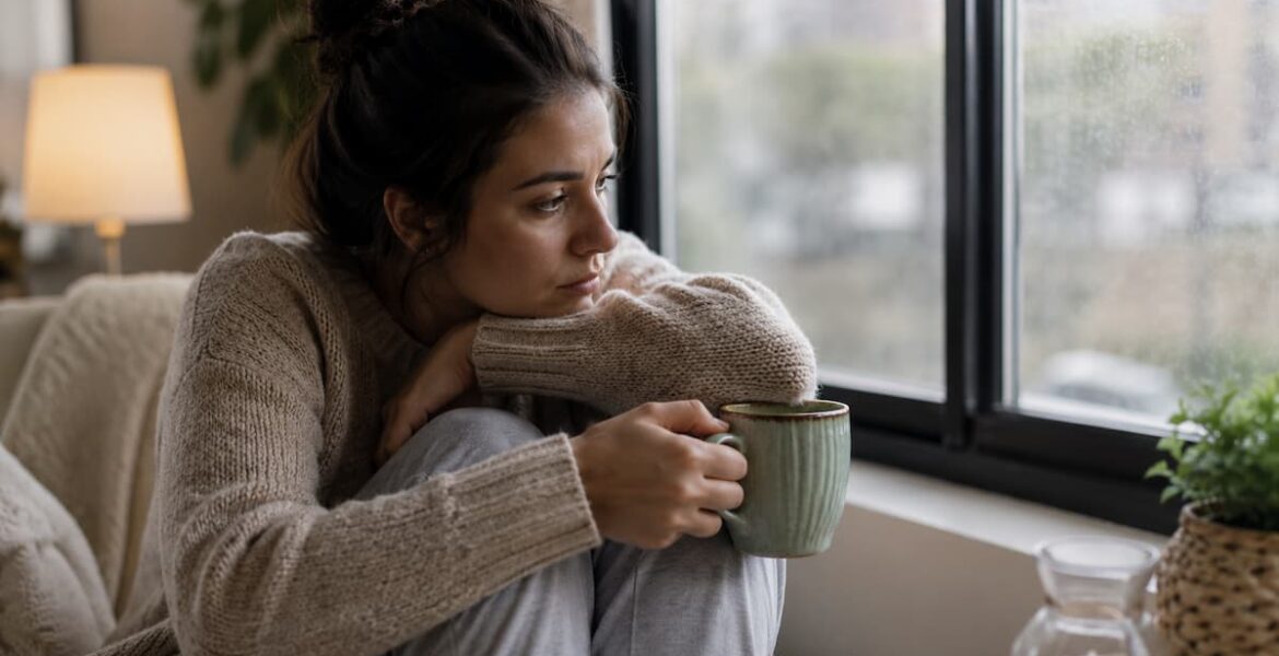 Una persona sentada junto a una ventana con una taza entre las manos, mirada perdida y expresión serena pero cansada. Luz natural suave. Sin dramatismo ni tristeza exagerada. Una escena cotidiana en la que muchas personas puedan reconocerse.