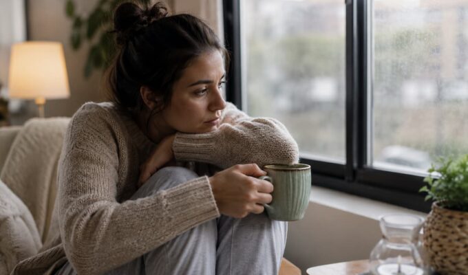 Una persona sentada junto a una ventana con una taza entre las manos, mirada perdida y expresión serena pero cansada. Luz natural suave. Sin dramatismo ni tristeza exagerada. Una escena cotidiana en la que muchas personas puedan reconocerse.