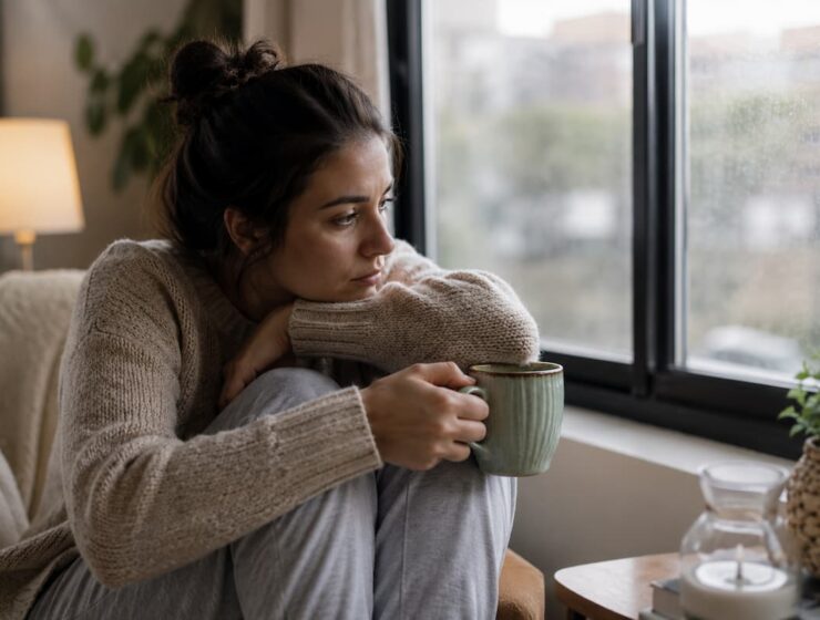 Una persona sentada junto a una ventana con una taza entre las manos, mirada perdida y expresión serena pero cansada. Luz natural suave. Sin dramatismo ni tristeza exagerada. Una escena cotidiana en la que muchas personas puedan reconocerse.