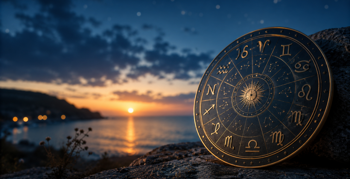 Rueda del zodiaco frente al mar al atardecer, representando las predicciones astrológicas de junio de 2026