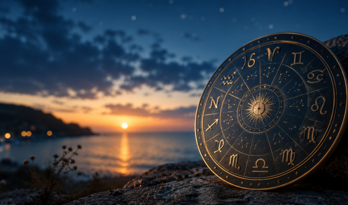 Rueda del zodiaco frente al mar al atardecer, representando las predicciones astrológicas de junio de 2026