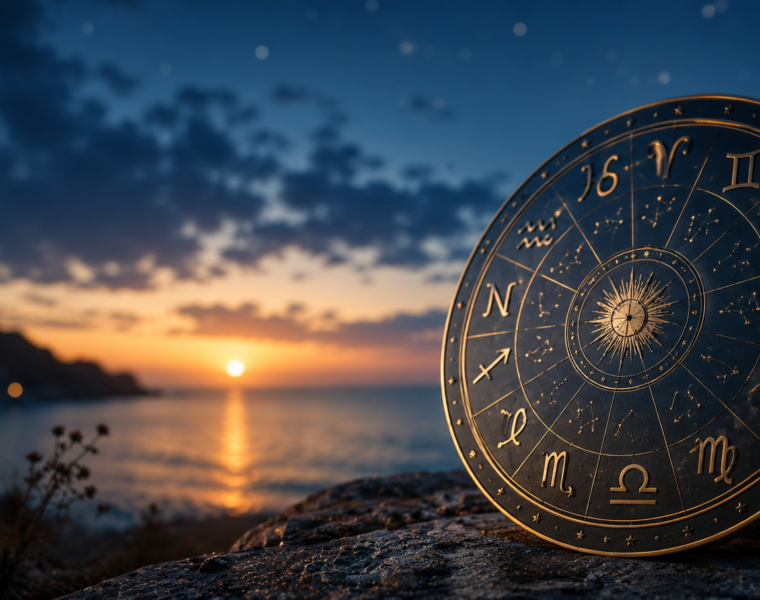 Rueda del zodiaco frente al mar al atardecer, representando las predicciones astrológicas de junio de 2026