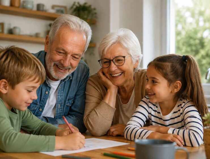 Abuelos y nietos comparten un momento de dibujo y conversación en una cocina luminosa.