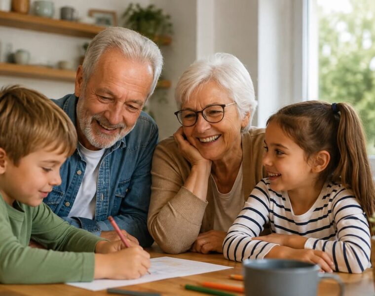 Abuelos y nietos comparten un momento de dibujo y conversación en una cocina luminosa.