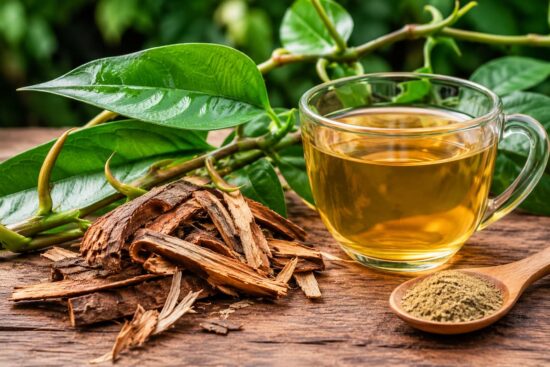 Uña de gato en corteza junto a una infusión herbal sobre una mesa de madera.