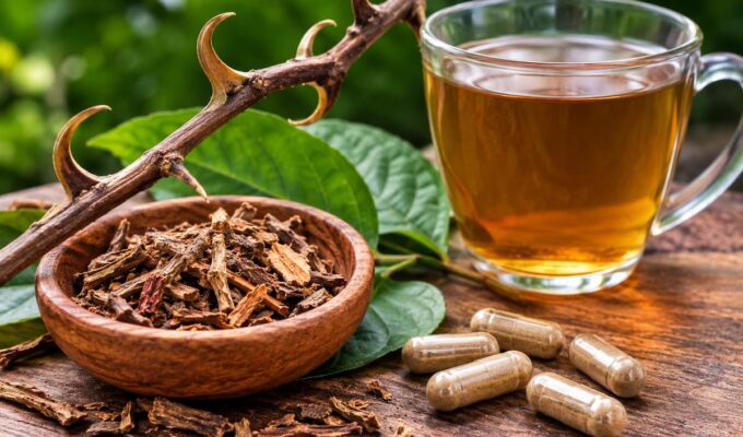 Uña de gato en corteza junto a una infusión herbal y cápsulas sobre una mesa de madera.