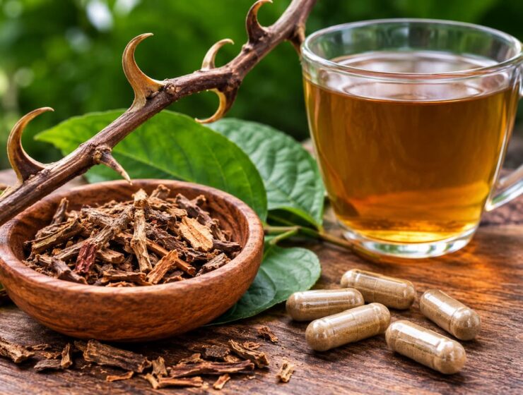 Uña de gato: para qué sirve, beneficios y contraindicaciones 1 Uña de gato en corteza junto a una infusión herbal y cápsulas sobre una mesa de madera.