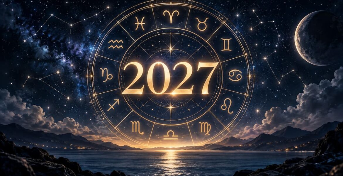 Ilustración del horóscopo 2027 con rueda zodiacal dorada sobre un cielo estrellado y el número 2027 en el centro.