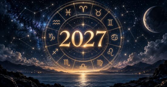 Astrología: de qué signo son los argentinos 8 Ilustración del horóscopo 2027 con rueda zodiacal dorada sobre un cielo estrellado y el número 2027 en el centro.