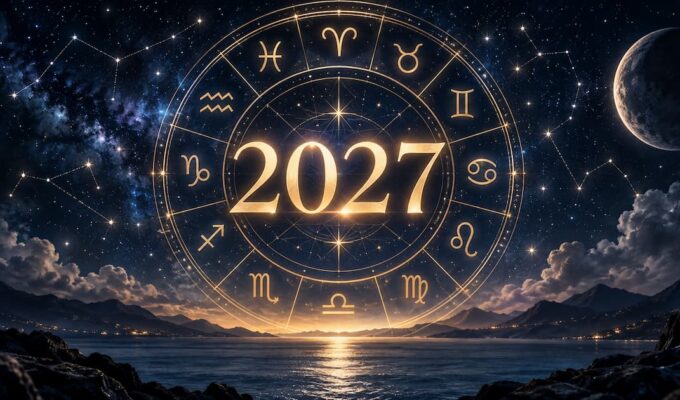 Ilustración del horóscopo 2027 con rueda zodiacal dorada sobre un cielo estrellado y el número 2027 en el centro.