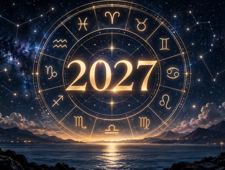 Ilustración del horóscopo 2027 con rueda zodiacal dorada sobre un cielo estrellado y el número 2027 en el centro.