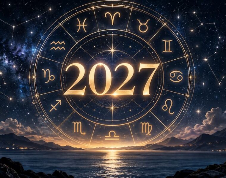 Ilustración del horóscopo 2027 con rueda zodiacal dorada sobre un cielo estrellado y el número 2027 en el centro.