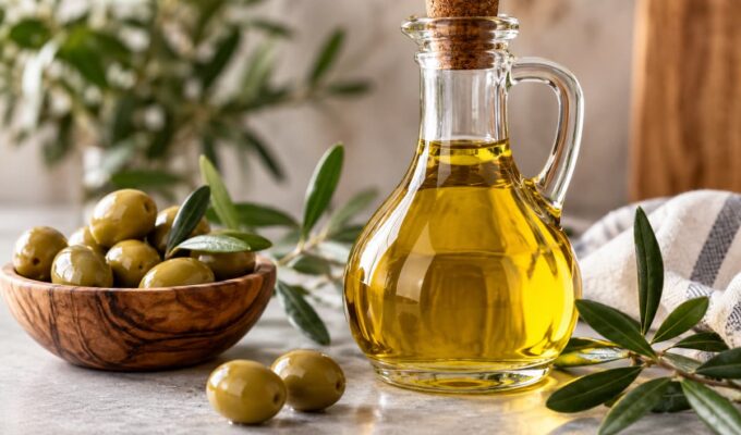 Aceite de oliva en botella de vidrio junto a aceitunas y ramas de olivo