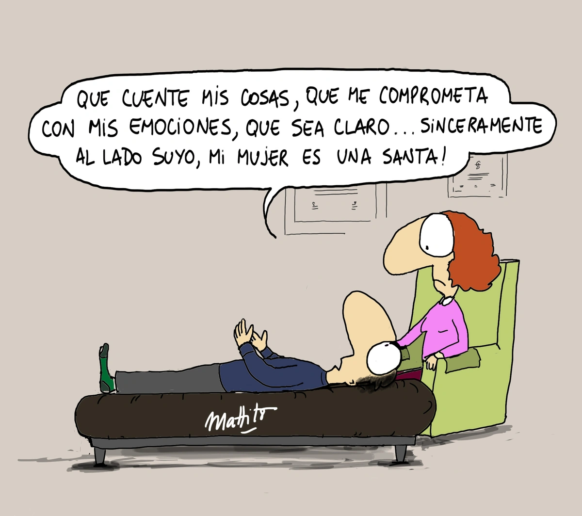 Caricatura de paciente en terapia que compara a su psicóloga con su esposa, diciendo que su mujer es una santa.