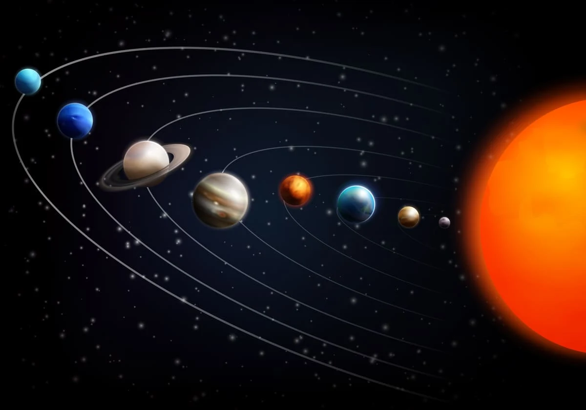 Ilustración del sistema solar mostrando la alineación de 7 planetas, un espectacular fenómeno astronómico visible en el cielo nocturno.