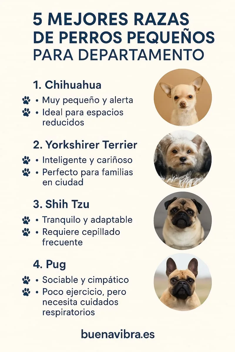 Infografía con las 5 mejores razas de perros pequeños para departamentos: Chihuahua, Yorkshire Terrier, Shih Tzu, Pug y Bulldog Francés.