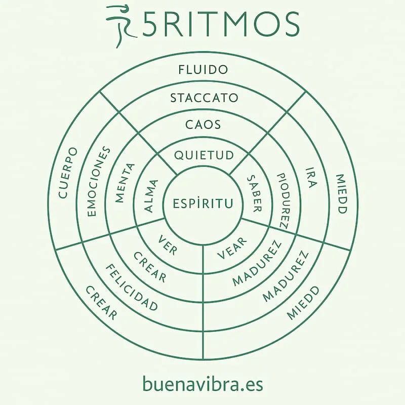 Los 5 Ritmos: danza consciente y meditación en movimiento Diagrama circular de los 5 Ritmos sobre fondo verde, con las palabras Fluir, Staccato, Caos, Lírico y Quietud, representando el movimiento, la energía y la conciencia del cuerpo y el espíritu.