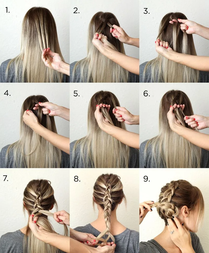 Tutorial collage 9 pasos: trenza francesa hacia moño trenzado paso a paso
