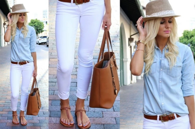 Collage de mujer mostrando un look clásico al combinar un pantalón blanco con una camisa de mezclilla azul claro y accesorios en color café como cinturón, bolso y sandalias.
