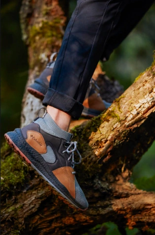 zapatillas deportivas azul y marrón sobre tronco en bosque