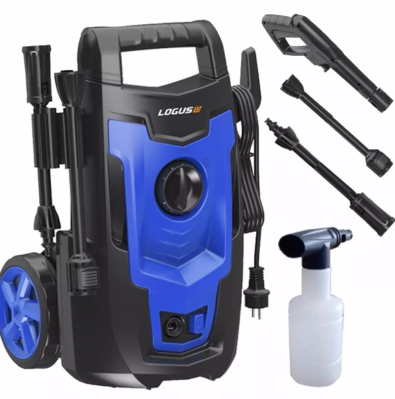 Hidrolavadora eléctrica azul marca Logus con kit de accesorios: pistola, lanzas intercambiables y botella dispensadora para detergente o jabón.