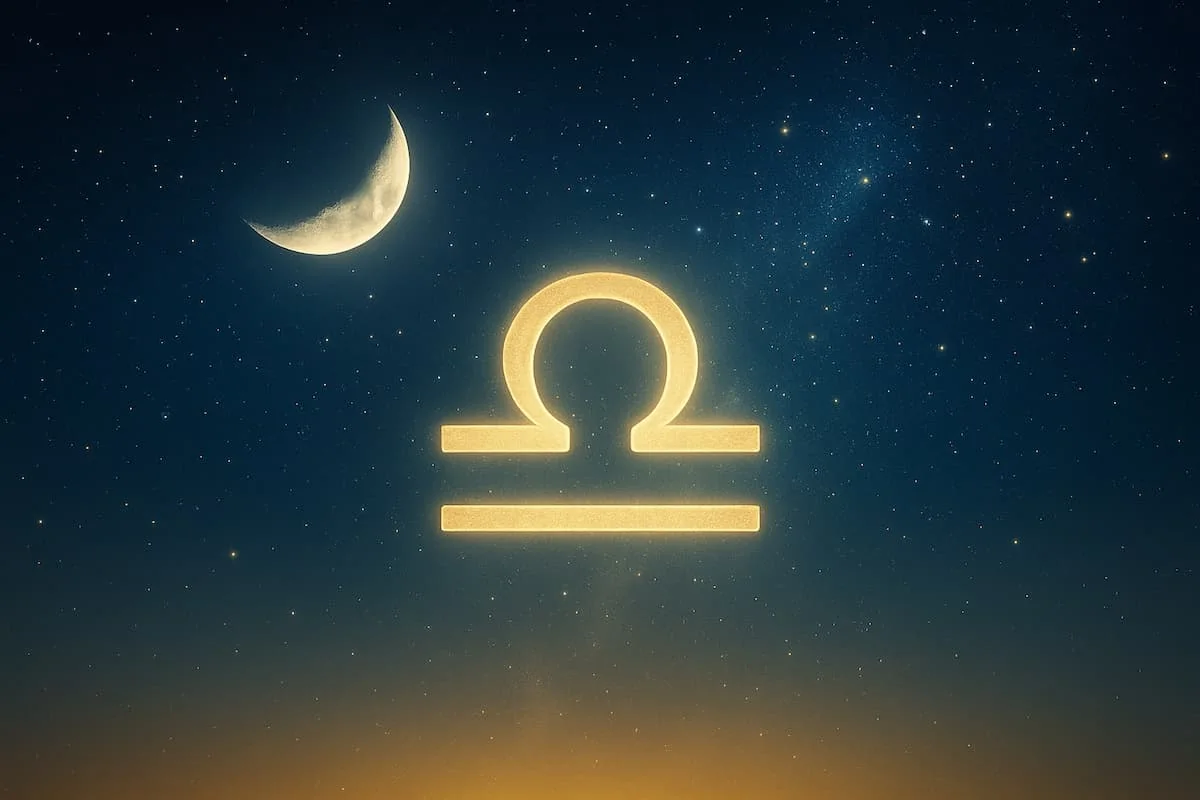 Cielo estrellado con símbolo de Libra iluminado por la Luna Nueva, representando equilibrio y armonía.