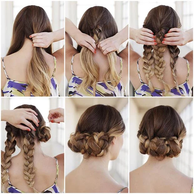 Collage en 6 pasos: de trenzas dobles a moño trenzado en la nuca