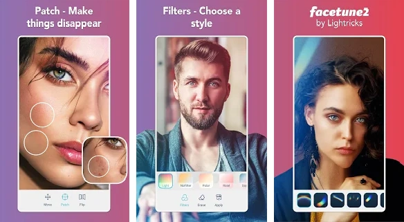 Facetune2 - Filtros y retoques para Instagram Interfaz de Facetune2 mostrando herramientas de retoque facial y filtros para crear selfies perfectas para Instagram
