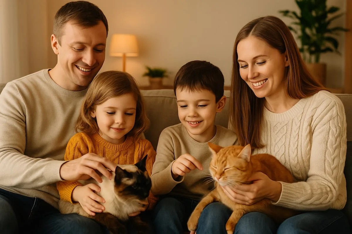 Familia sonriente acariciando a dos gatos en casa, en un ambiente cálido y tranquilo.