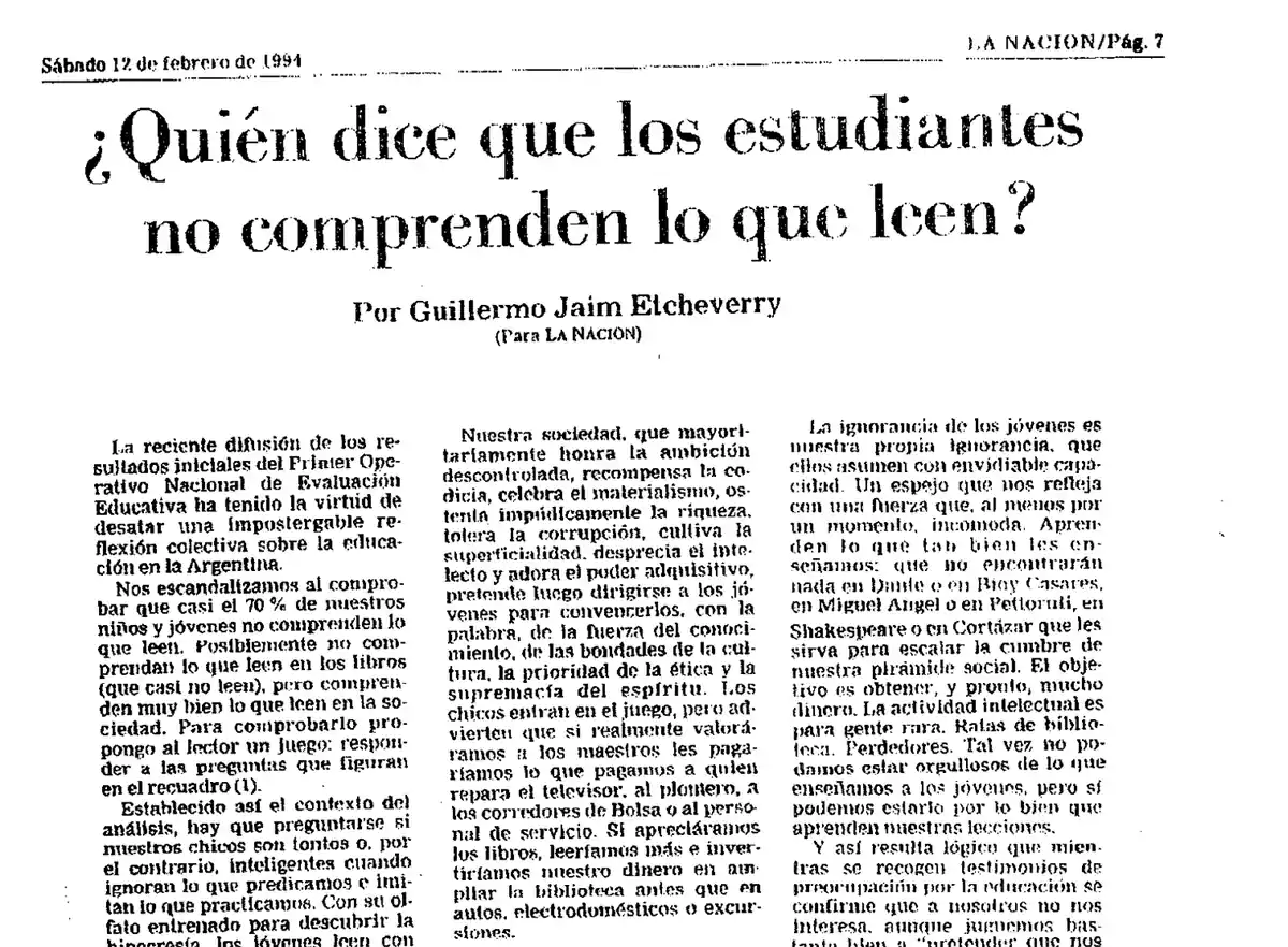 Recorte del diario La Nación con una nota que dice "Los estudiantes no comprenden lo que leen"