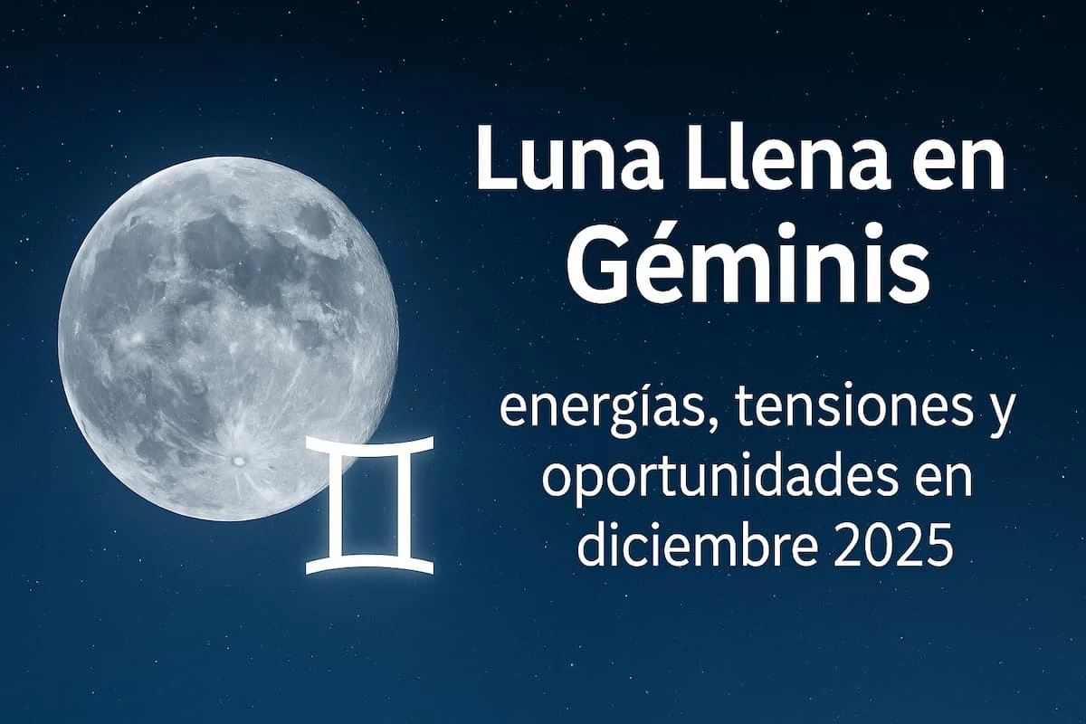 Luna Llena junto al símbolo del signo Géminis sobre un cielo nocturno estrellado.