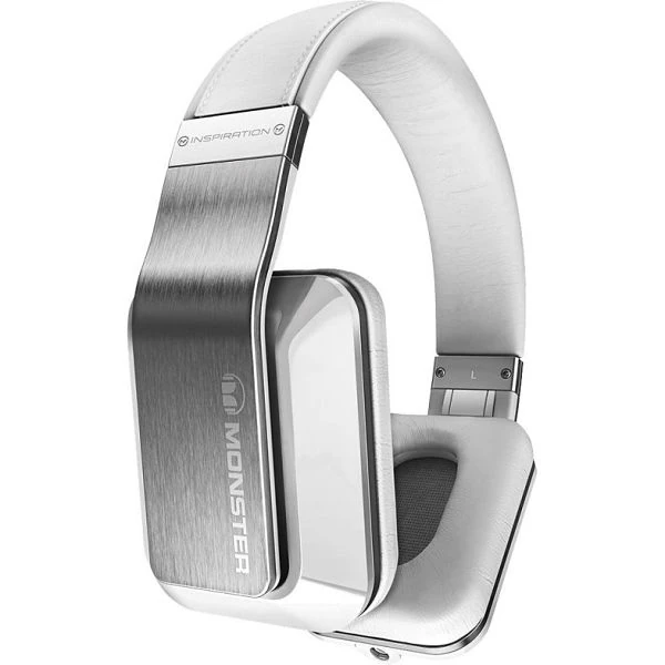Auriculares Monster Inspiration plateados con diseño moderno y acolchado blanco, estilo over-ear.