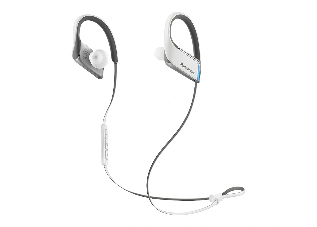 Auriculares inalámbricos Panasonic con diseño deportivo y ganchos para las orejas, color blanco y gris.