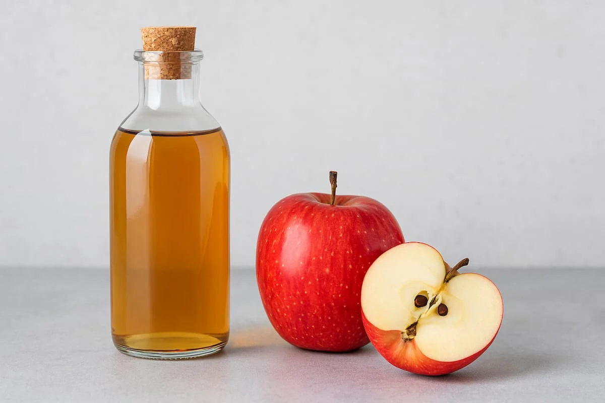 Botella de vidrio con vinagre de manzana y manzanas frescas sobre una mesa de madera.
