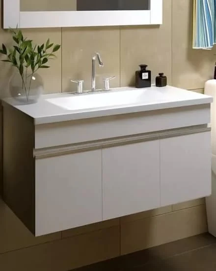 Mueble de baño suspendido o flotante en color blanco con amplio espacio de almacenamiento, ideal para maximizar el espacio en baños pequeños y modernos.