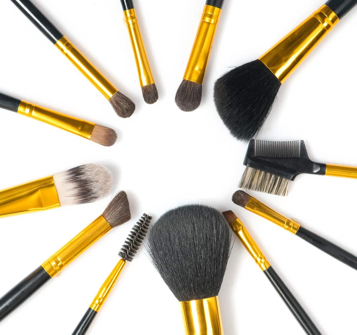 Colección variada de brochas de maquillaje que muestra diferentes cortes y longitudes de pelo, incluyendo brochas para rostro, ojos y cejas.